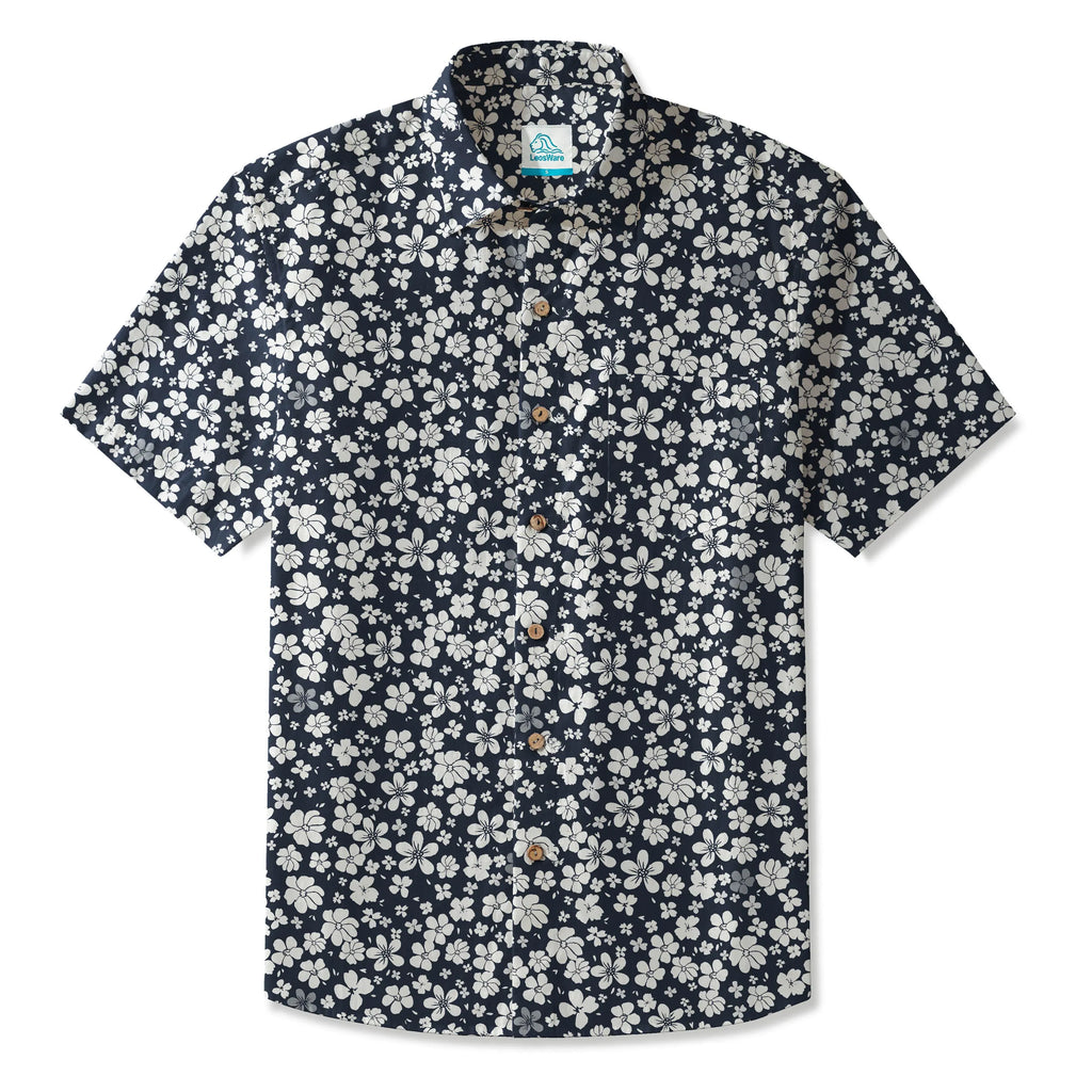 LeosWare® Men's Hawaiian Shirt Short Sleeve Button-up 100% Cotton Blue Aloha Floral Seascape By Huan huan