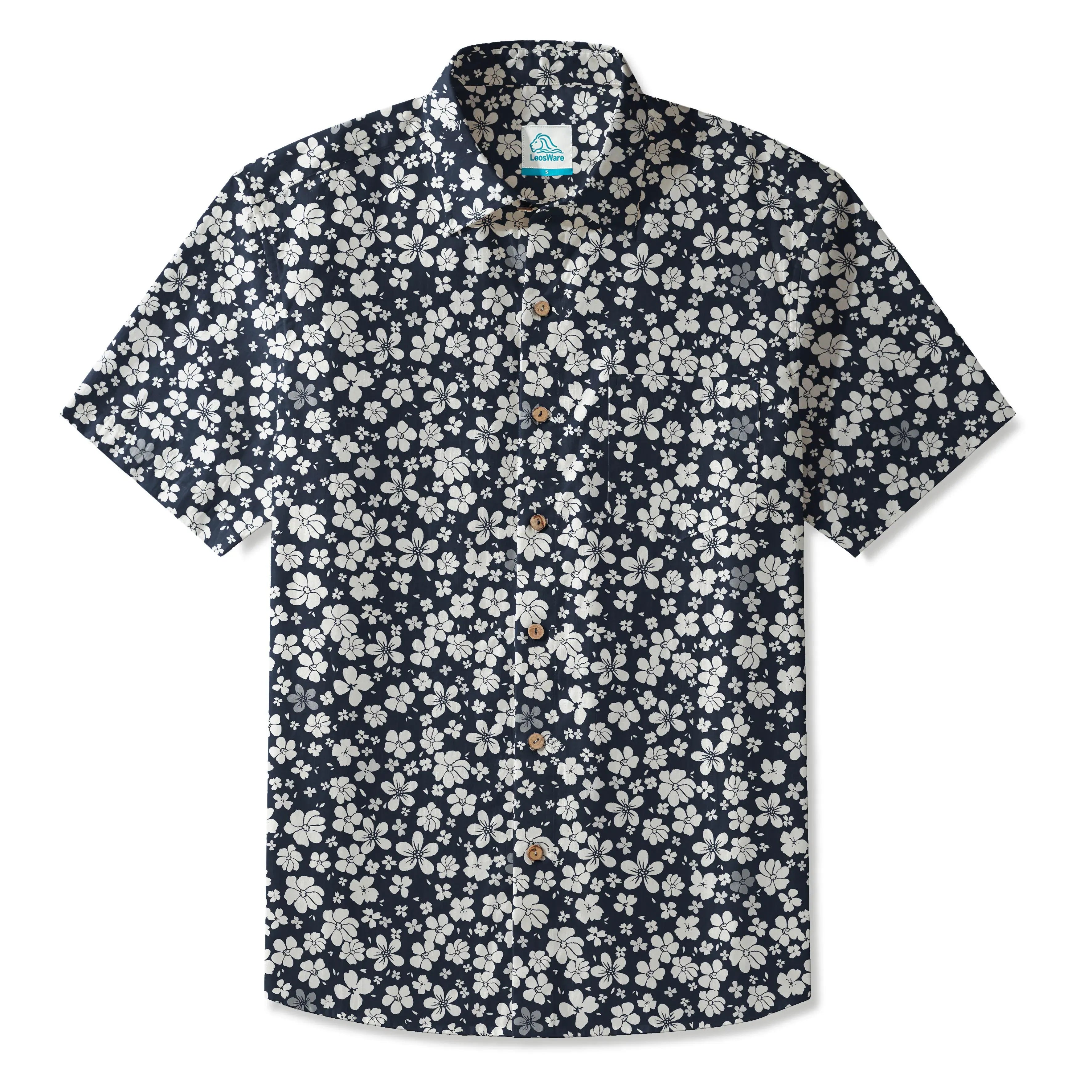 LeosWare® Men's Hawaiian Shirt Short Sleeve Button-up 100% Cotton Blue Aloha Floral Seascape By Huan huan