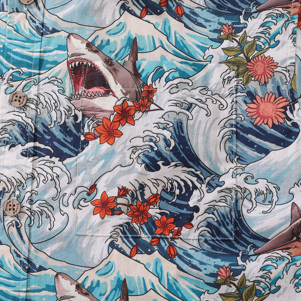 Men's Resort Wear Shirt Turbulence at Sea with Sharks Print Short Sleeve Hawaiian Shirt For Men By Sun