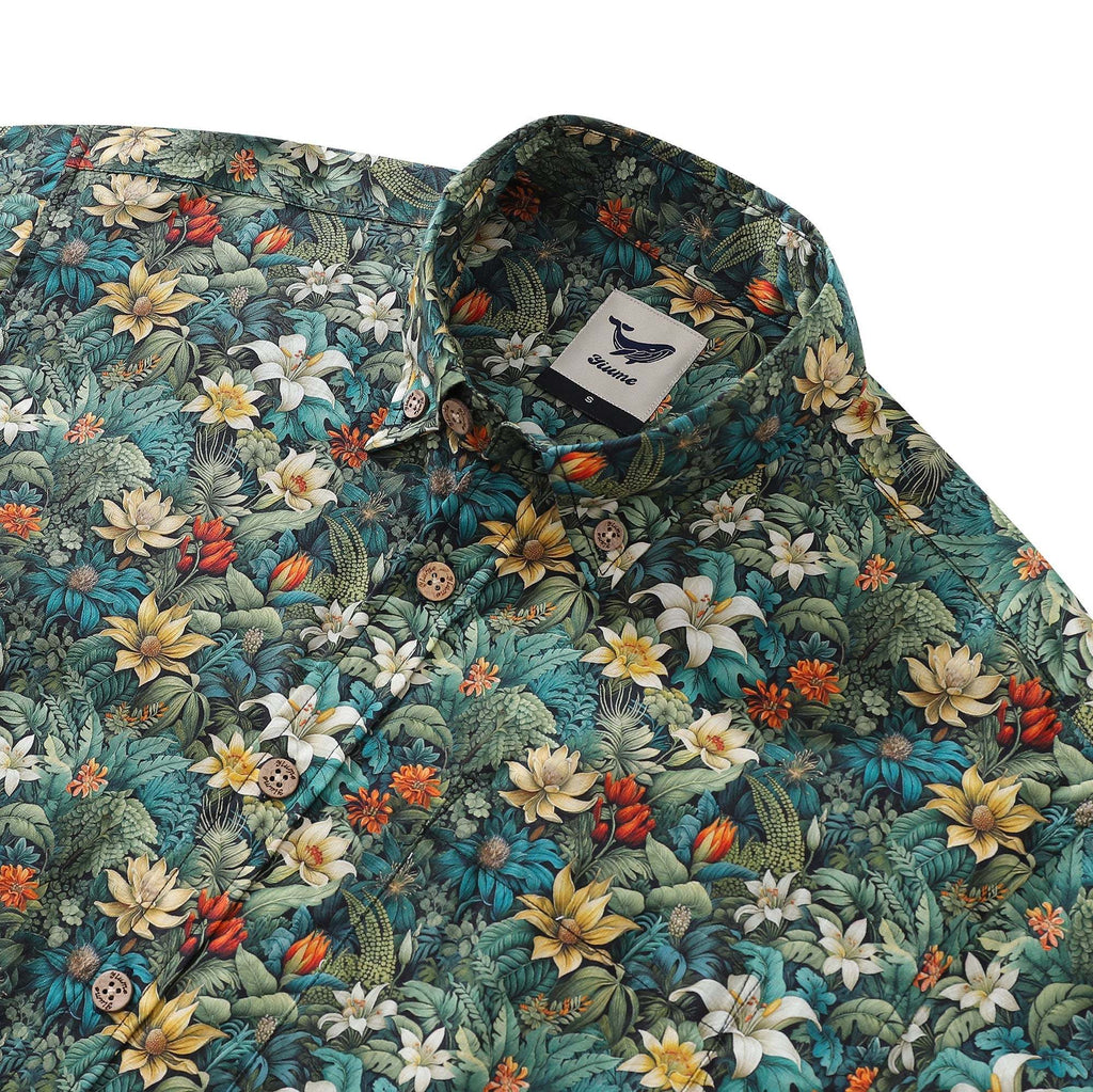 Men's Tropical Hawaiian Shirt Green Cotton Button-down Short Sleeve Aloha Shirt Jungle Adventure By Amy