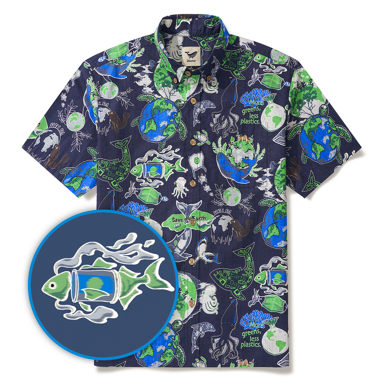 Men's Hawaiian Shirt Short Sleeve Button-down 100% Cotton Aloha Save Earth By Yana