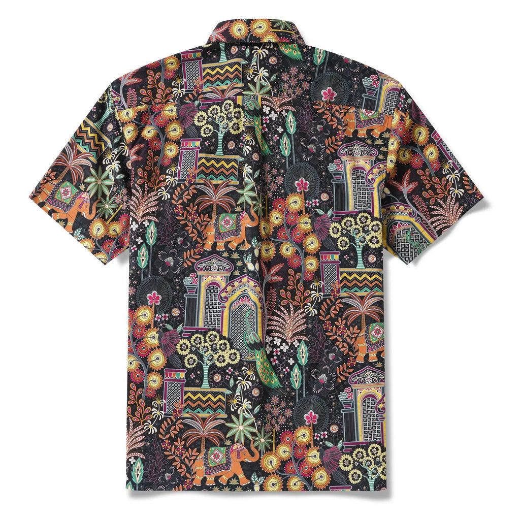 Chemise hawaïenne pour homme à manches courtes avec boutons 100 % coton verte Aloha Jaipur Gem par Huan huan