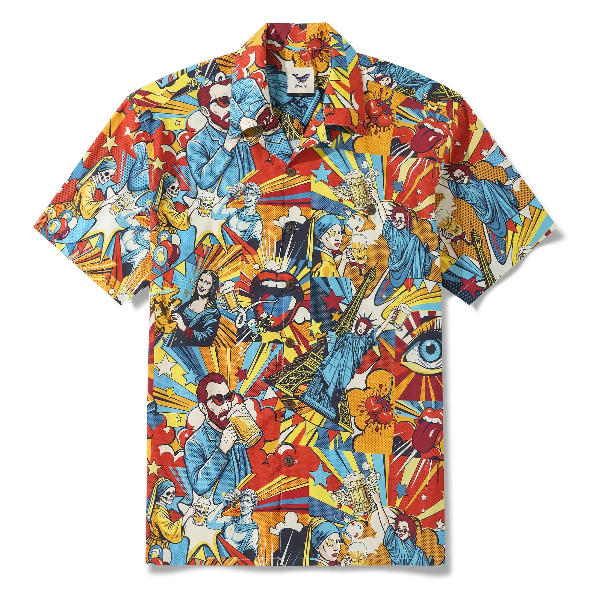 Men's Hawaiian Shirt Short Sleeve Camp Collar 100% Cotton Blue Aloha Pop Art Bacchanalia By Huan huan