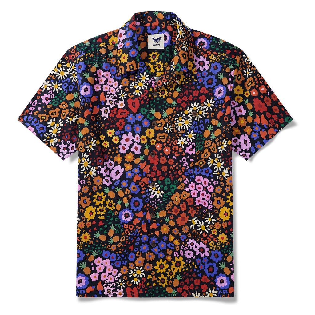Men's Hawaiian Shirt Short Sleeve Camp Collar 100% Cotton Black Aloha Midnight Blossoms Leopard Print By Huan huan