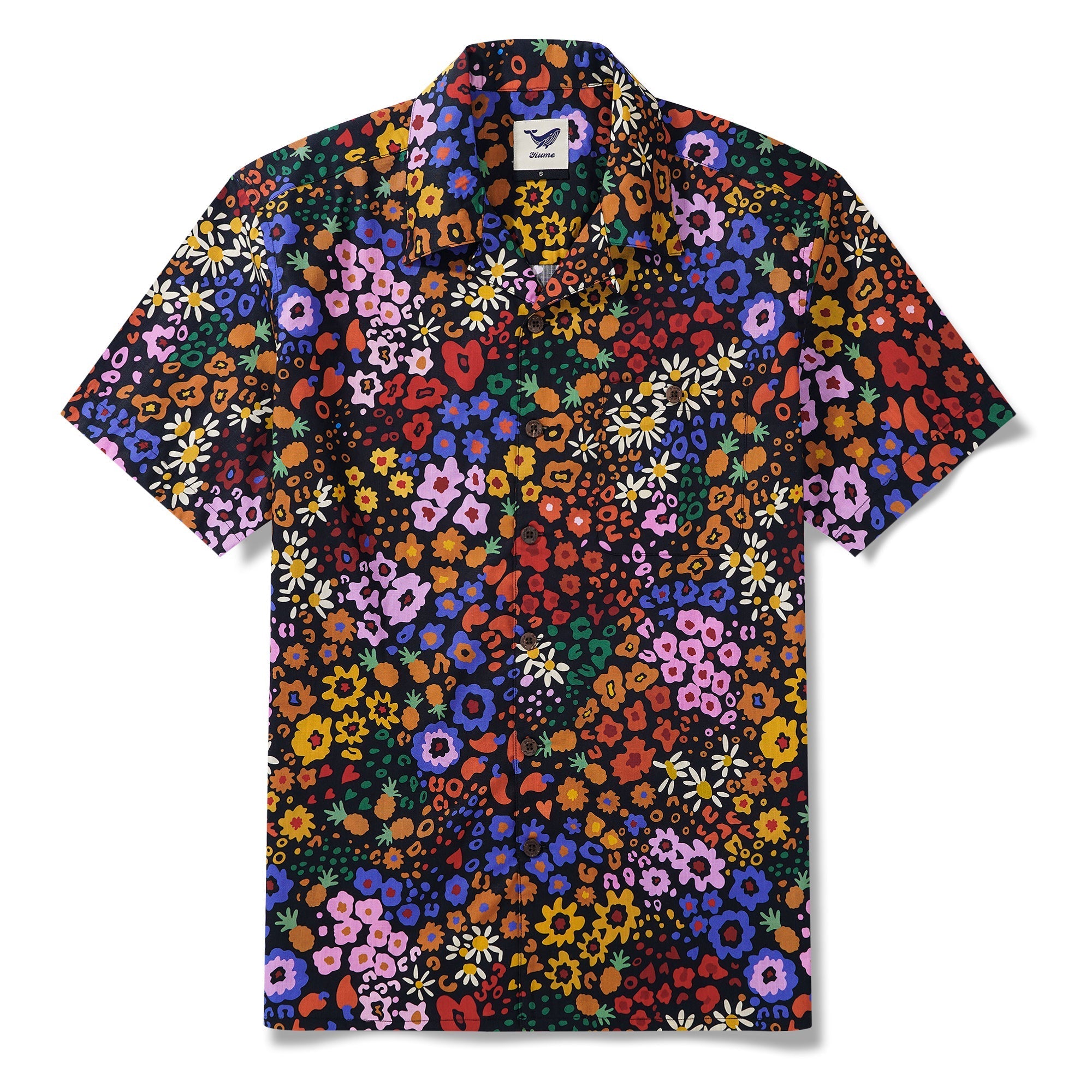 Men's Hawaiian Shirt Short Sleeve Camp Collar 100% Cotton Black Aloha Midnight Blossoms Leopard Print By Huan huan