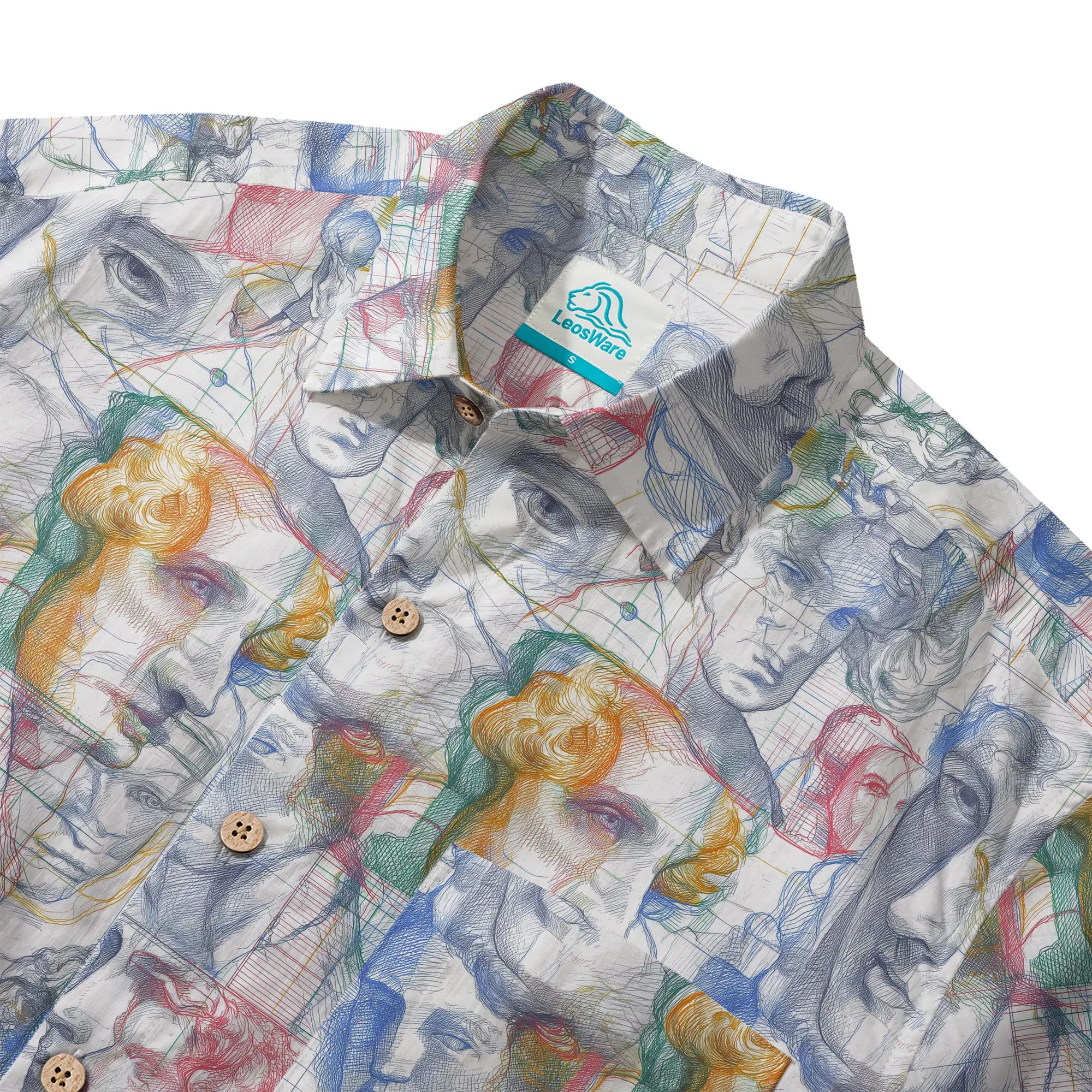 LeosWare® Men's Hawaiian Shirt Short Sleeve Button-up 100% Cotton White Aloha Master Sketch Fantasia By Ann