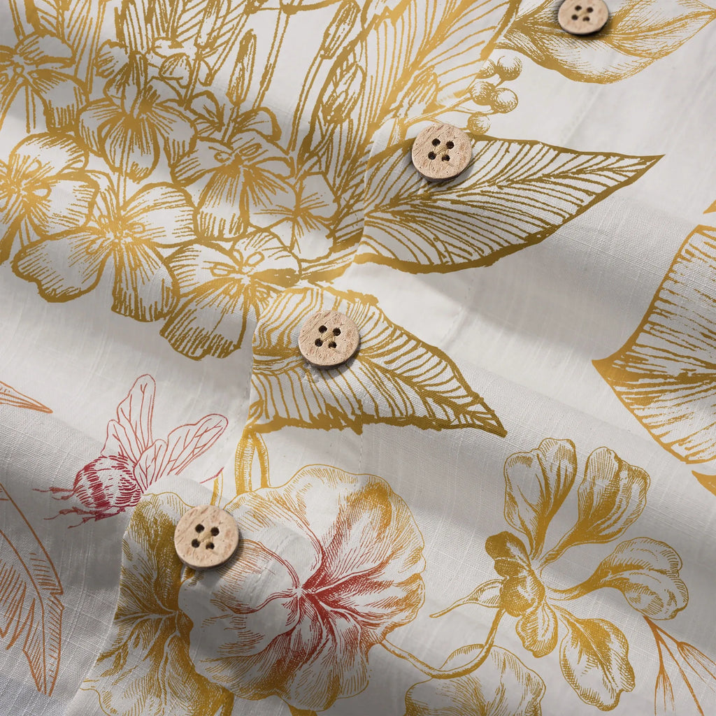 LeosWare® Men's Hawaiian Shirt Short Sleeve Button-up 100% Cotton Yellow Aloha Tropical Blossoms By Huan huan