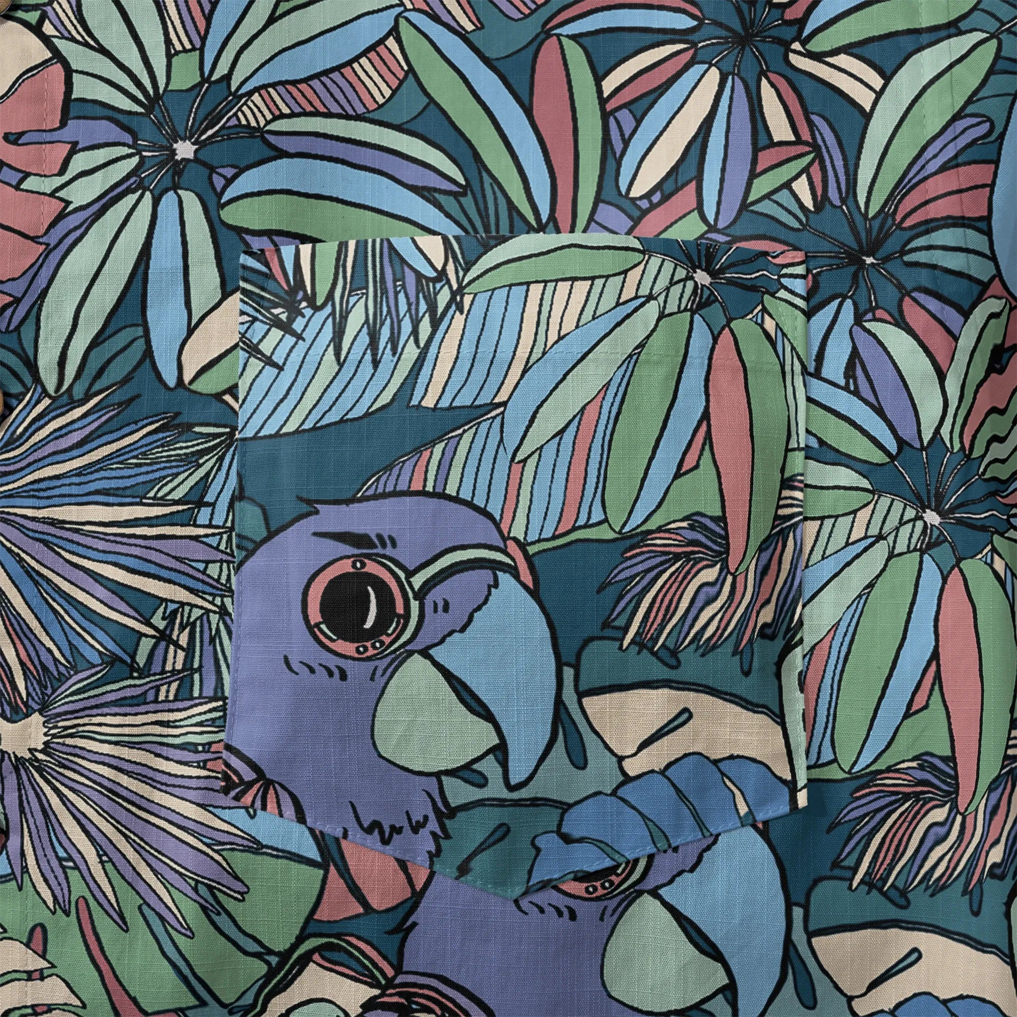 LeosWare® Men's Hawaiian Shirt Short Sleeve Button-up 100% Cotton Blue Aloha Parrot In The Enchanted Forest By Huan huan