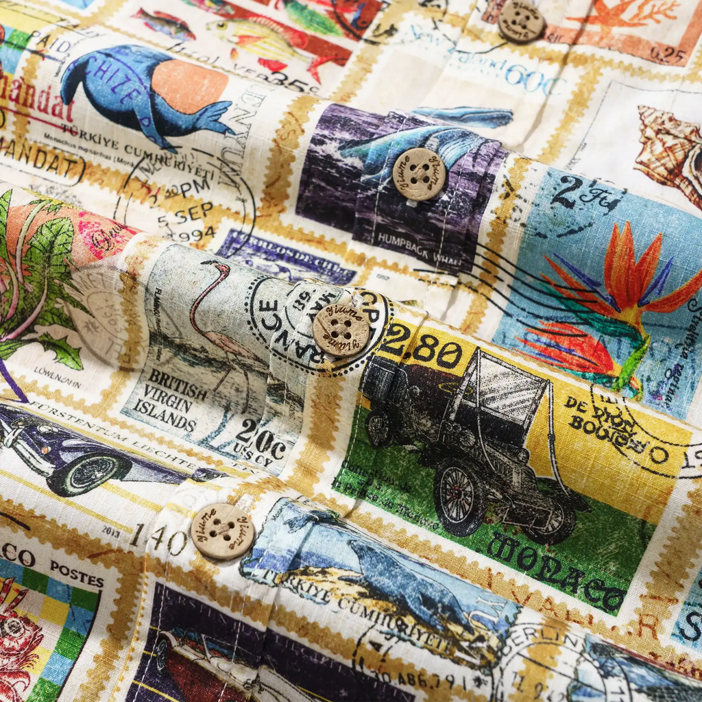 Men's Hawaiian Shirt Short Sleeve Button-down 100% Cotton White Aloha Nautical Vintage Car Postage Stamp Collage By Huan huan