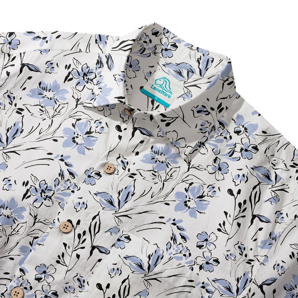 LeosWare® Men's Hawaiian Shirt Short Sleeve Button-up 100% Cotton Blue Aloha Graceful Sky Flowers By Huan huan