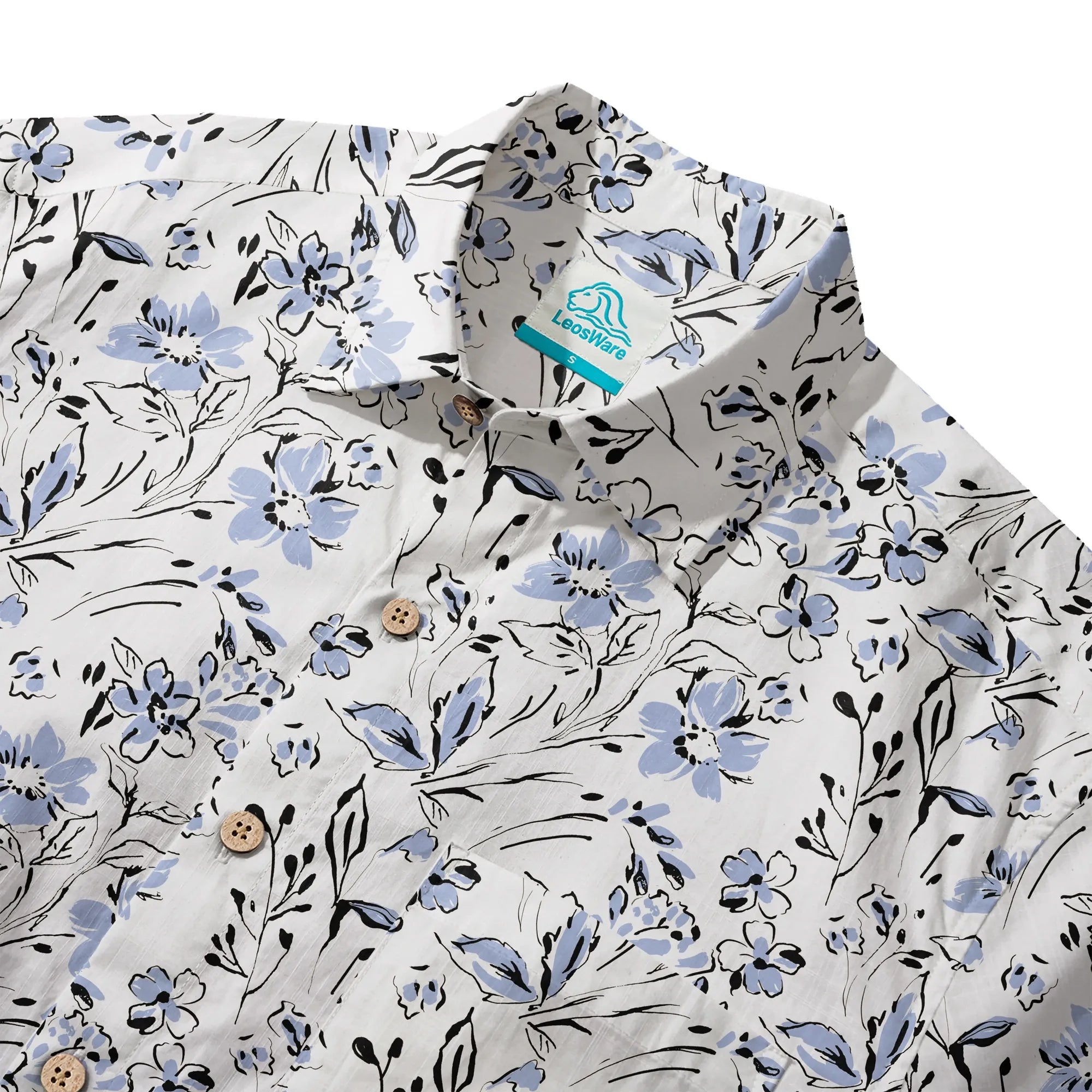 LeosWare® Men's Hawaiian Shirt Short Sleeve Button-up 100% Cotton Blue Aloha Graceful Sky Flowers By Huan huan