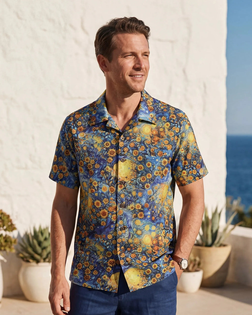 Chemise hawaïenne vintage des années 1960 pour homme Chemise Tournesol Van Gogh 100 % coton Chemise à col camp par Yakima