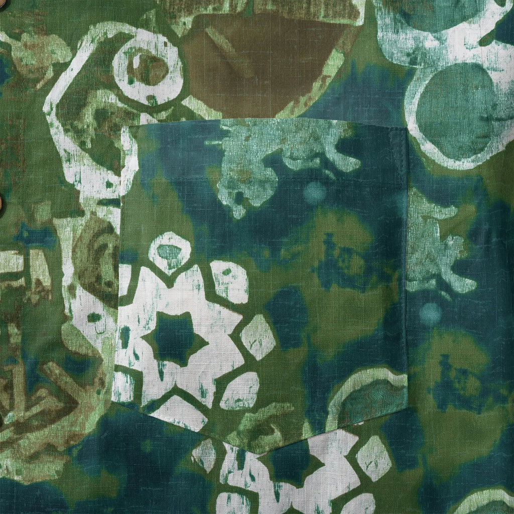 LeosWare® Men's Hawaiian Shirt Short Sleeve Button-up 100% Cotton Green Aloha Indigo Dyed Wax Flower By Ann