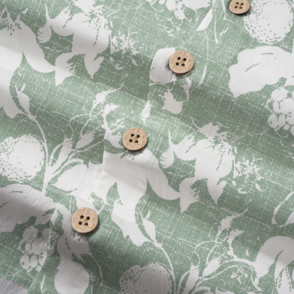 LeosWare® Flower Men's Hawaiian Shirt Short Sleeve Button-up 100% Cotton Green Aloha Verdant Memoirs By Ann
