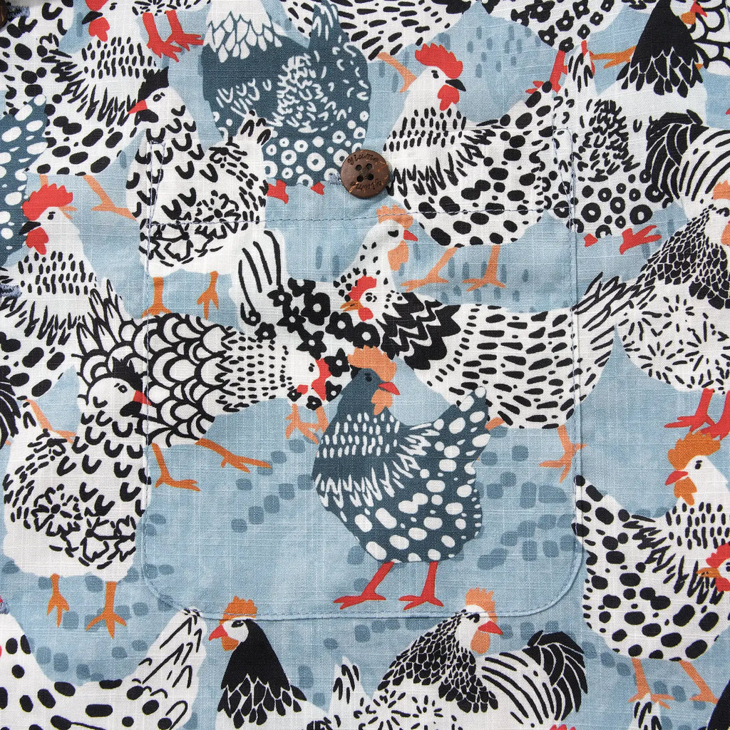 Men's Hawaiian Shirt Short Sleeve Camp Collar 100% Cotton Blue Aloha Clucking Chicken Friends By Annick