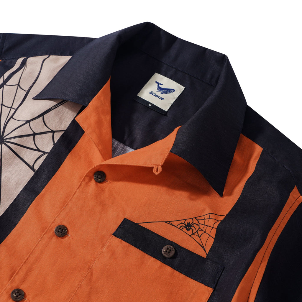 Men's Hawaiian Bowling Shirt Short Sleeve Halloween Camp Collar 100% Cotton Spider Pumpkin Lantern Shirt By Zeke