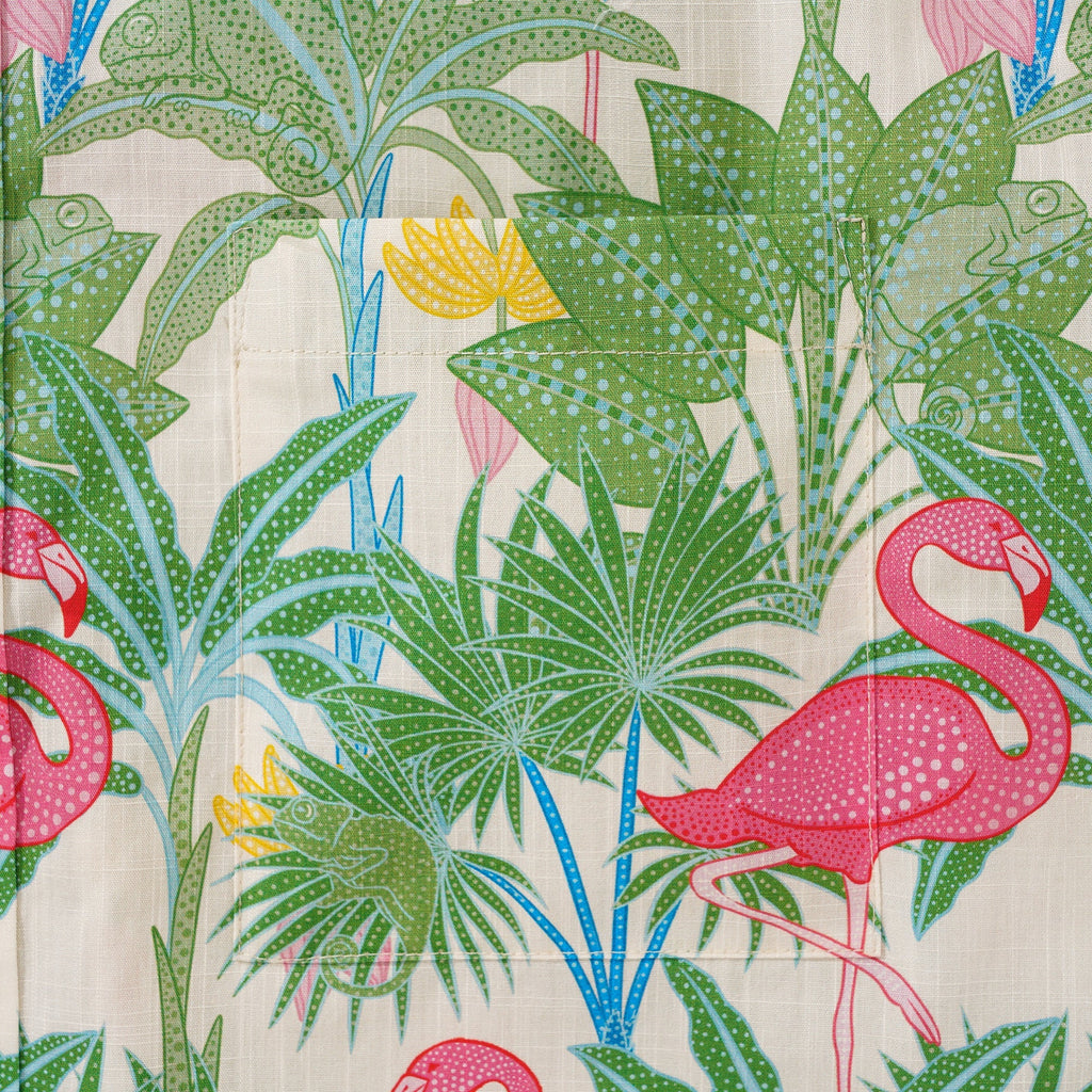 Chemise hawaïenne masculine bouton à manches courtes 100% coton beige alloha flamants et caméléons par house of haricot
