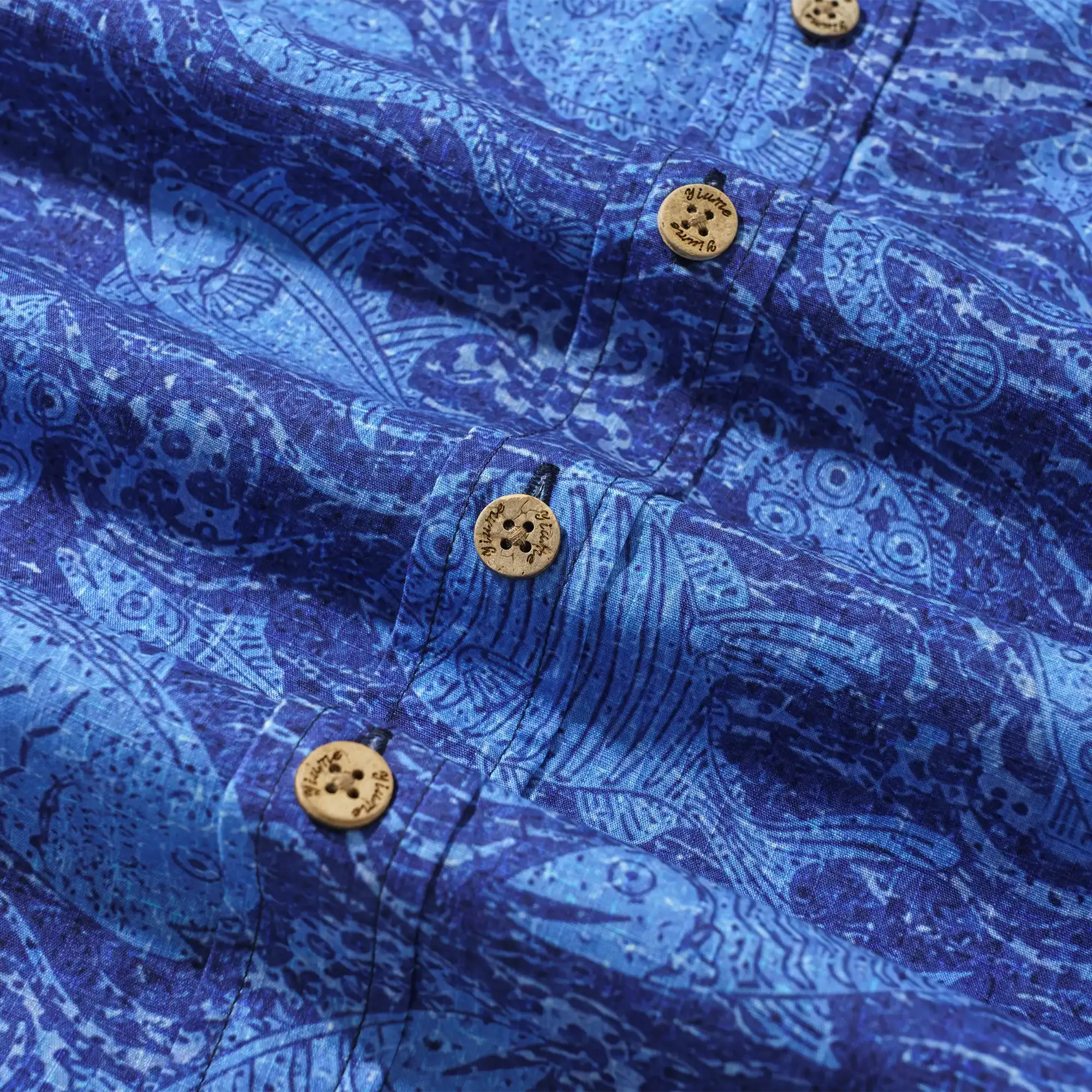 Men's Hawaiian Shirt Short Sleeve Button-down 100% Cotton Blue Aloha Indigo School Of Fish By Huan huan