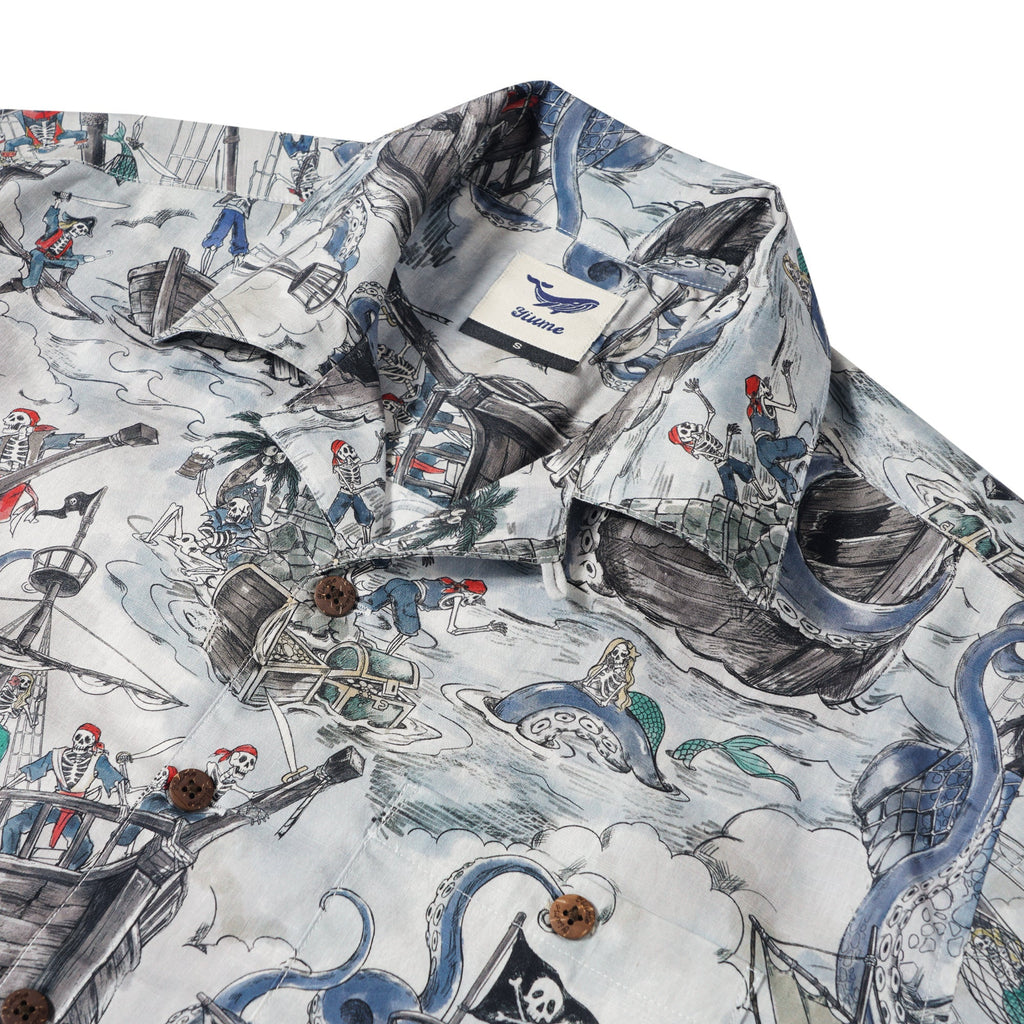 Men's Hawaiian Shirt Short Sleeve Camp Collar 100% Cotton Blue Aloha Mermaid's Skull Island By Zeke