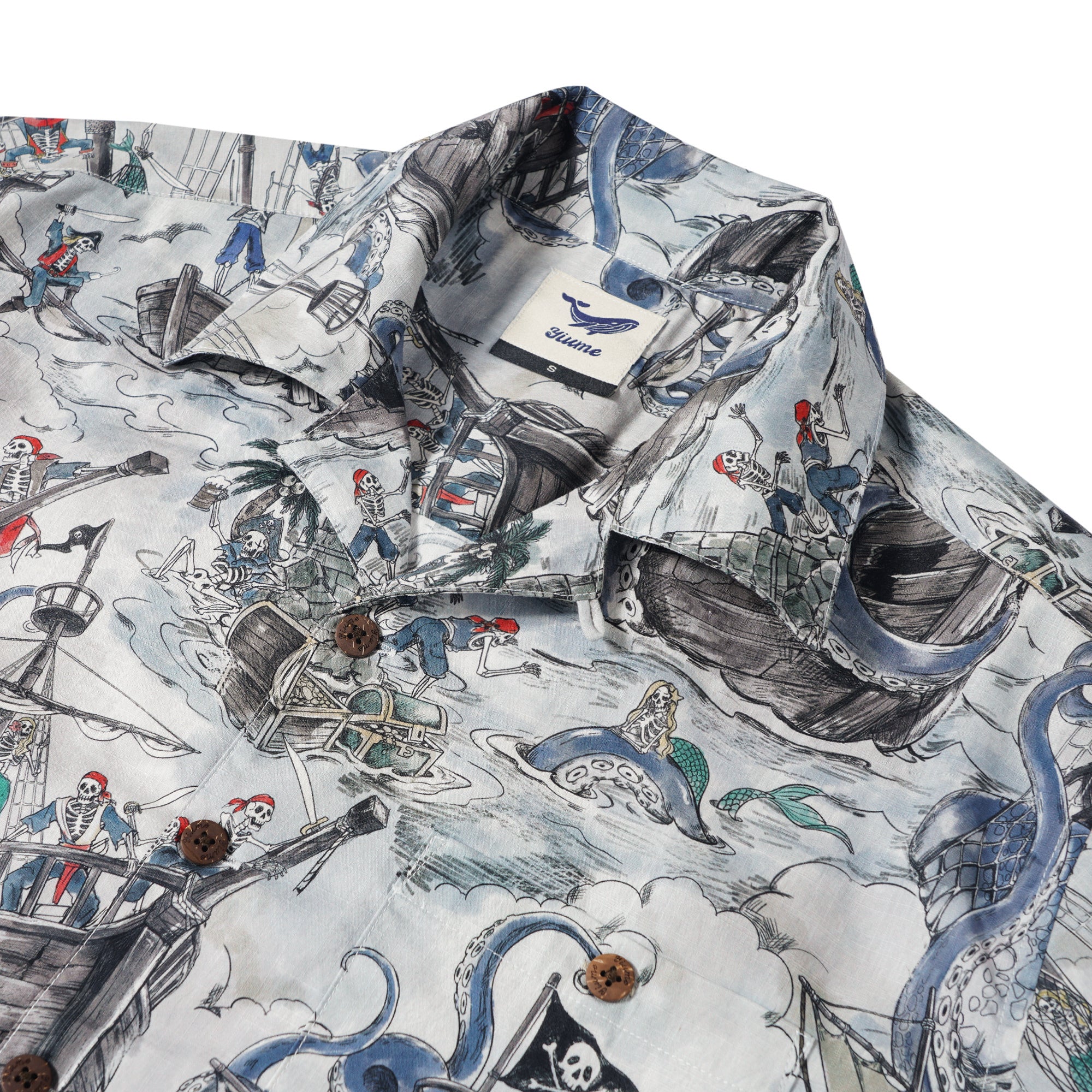 Men's Hawaiian Shirt Short Sleeve Camp Collar 100% Cotton Blue Aloha Mermaid's Skull Island By Zeke