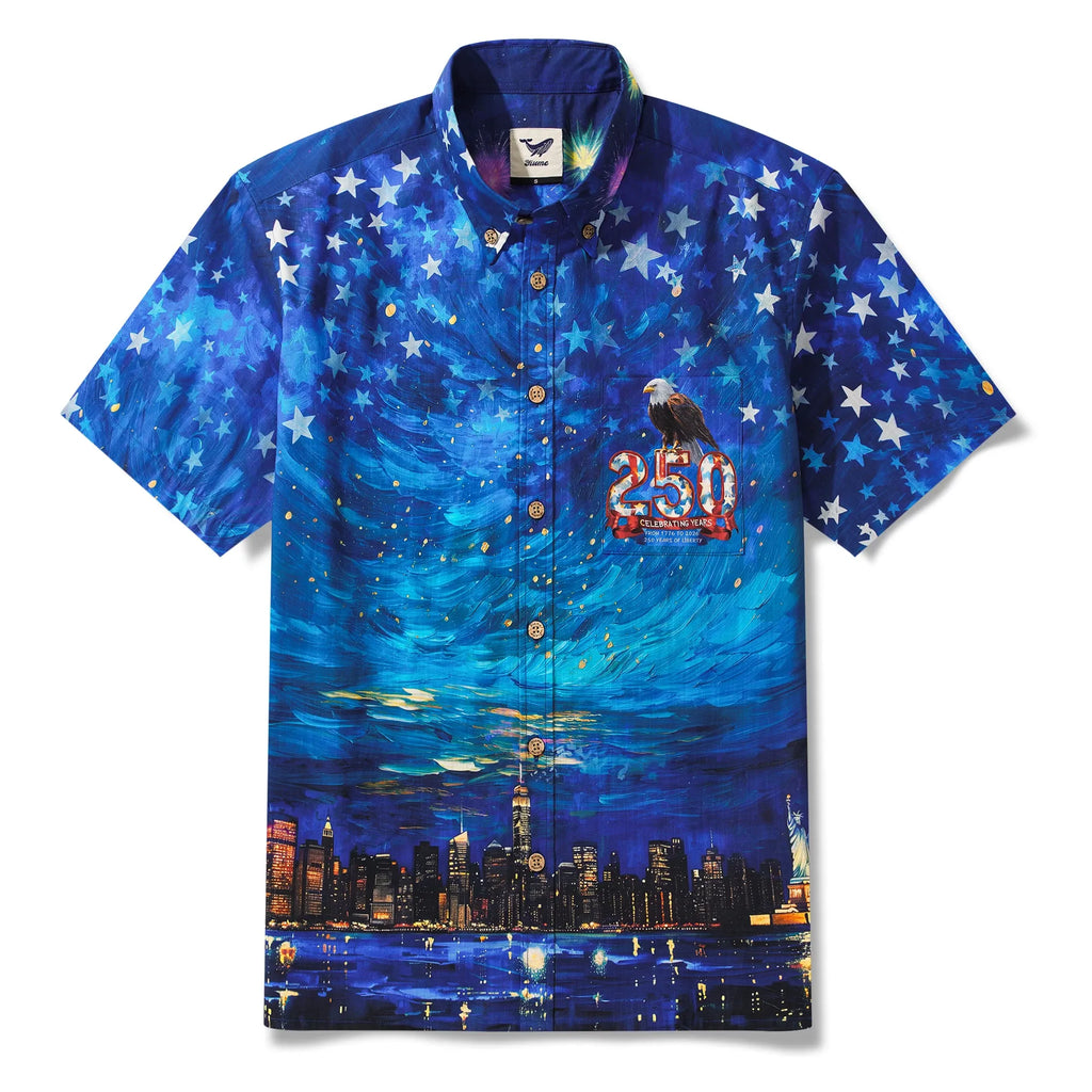 America 250 Men's Hawaiian Shirt Short Sleeve Button-down 100% Cotton Blue Aloha Starry Night Fireworks 250 Celebration By Yana