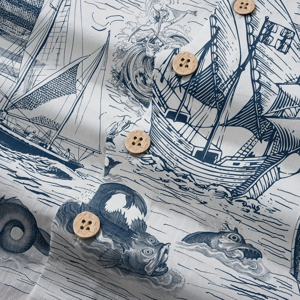 LeosWare® Myth Men's Hawaiian Shirt Short Sleeve Button-up 100% Cotton Blue Aloha Antiquity Sea Expedition By Ann