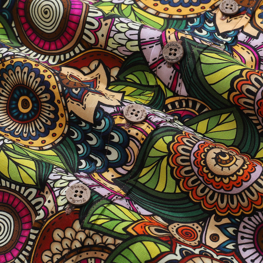 Mandala Hawaiian Shirt For Men Bohemian Florals Print Shirt Button-down Short Sleeve 100% Cotton Shirt By Cigar