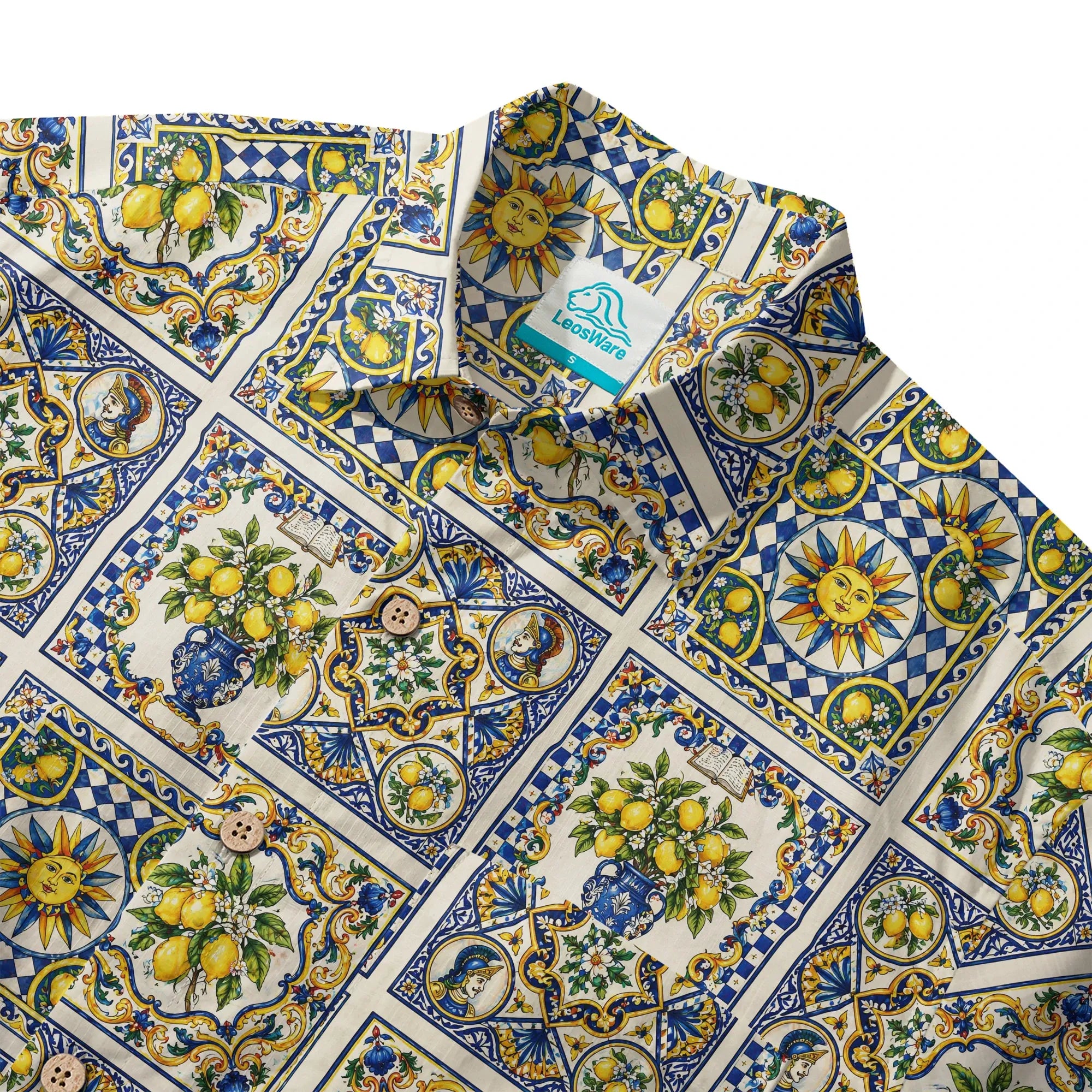 LeosWare® Men's Hawaiian Shirt Short Sleeve Button-up 100% Cotton Blue Aloha Sicilian Sunlit Lemon By Huan huan