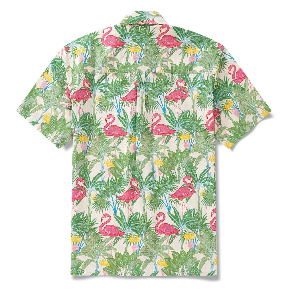 Chemise hawaïenne masculine bouton à manches courtes 100% coton beige alloha flamants et caméléons par house of haricot