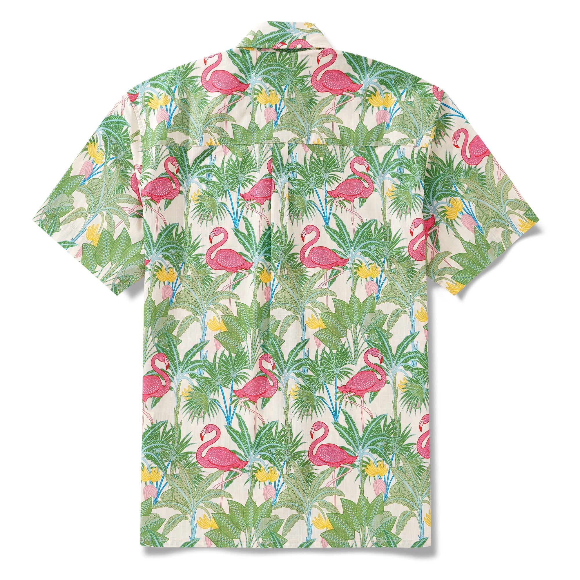 Chemise hawaïenne masculine bouton à manches courtes 100% coton beige alloha flamants et caméléons par house of haricot