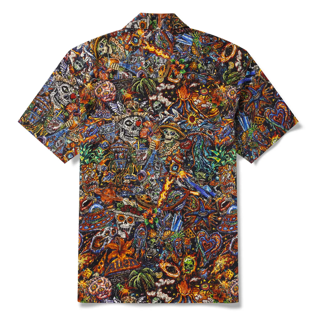 Men's Hawaiian Shirt Short Sleeve Camp Collar 100% Cotton Red Aloha Intergalactic Luau Graffiti By Mo