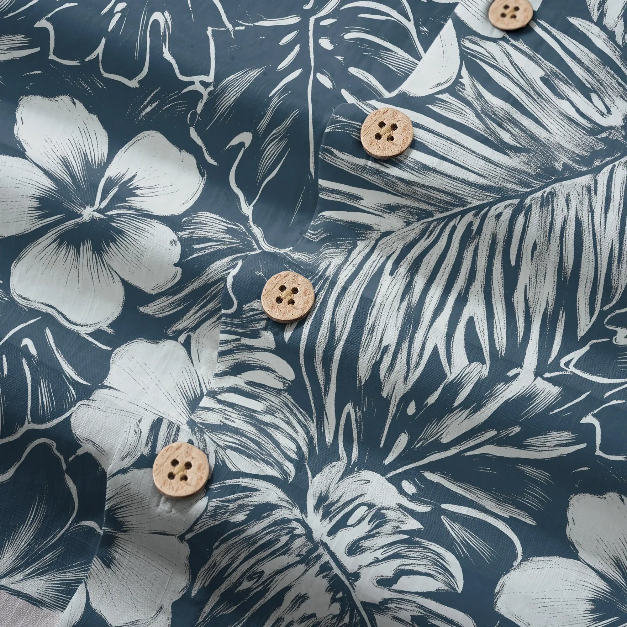 LeosWare® Hibiscus Flower Men's Hawaiian Shirt Short Sleeve Button-up 100% Cotton Blue Aloha Blue Ink Flower Shadows By Ann