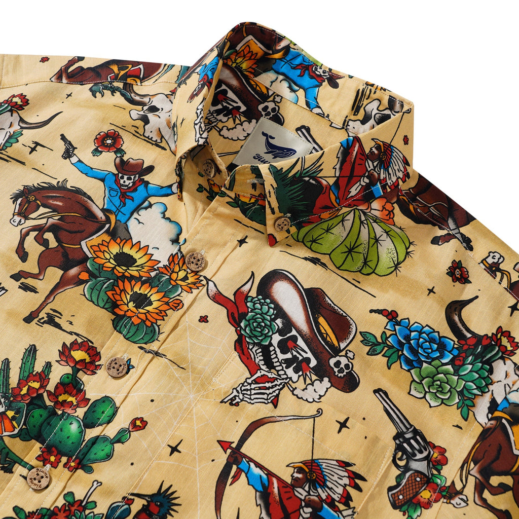 Western Cowboy Hawaiian Shirt For Men Short Sleeve Button-down 100% Cotton Desert Skull Shirt By Zeke