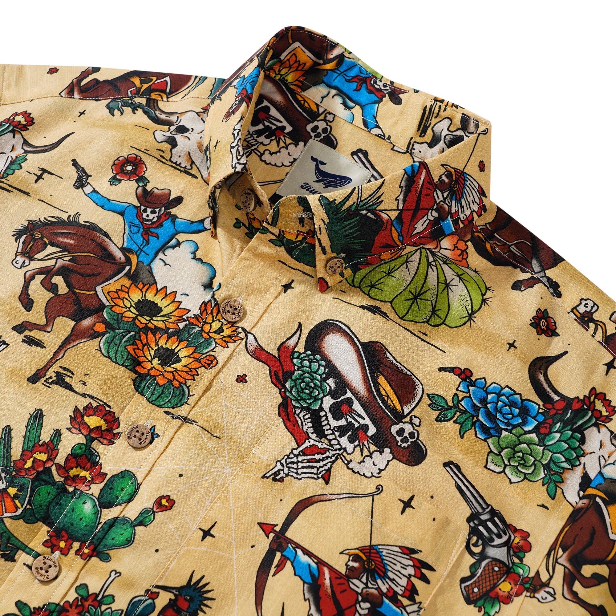 Western Cowboy Hawaiian Shirt For Men Short Sleeve Button-down 100% Cotton Desert Skull Shirt By Zeke