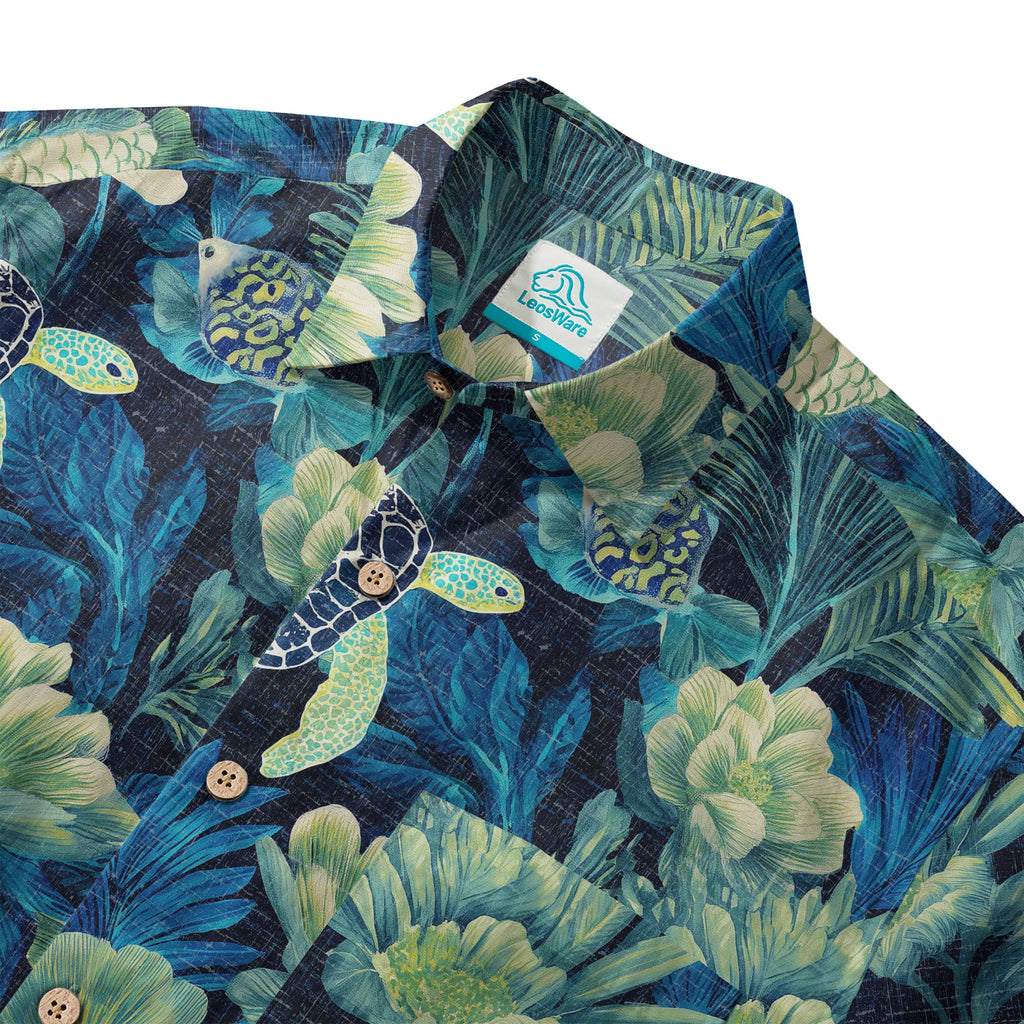 LeosWare® Men's Hawaiian Shirt Short Sleeve Button-up 100% Cotton Blue Aloha Deep Sea Flowers And Turtles By Ann