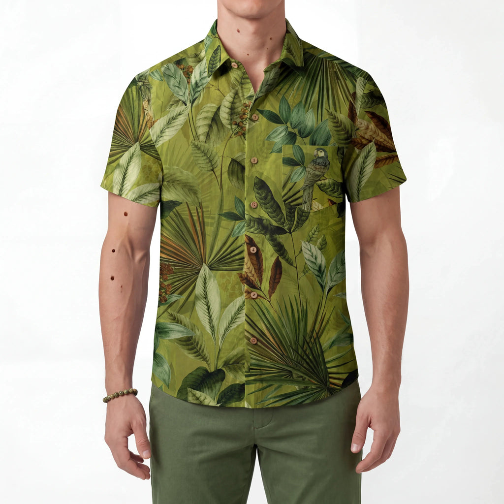 Chemise hawaïenne pour homme LeosWare® à manches courtes, boutonnée, 100 % coton, verte, Aloha, perroquet, paradis de la jungle par Huan huan