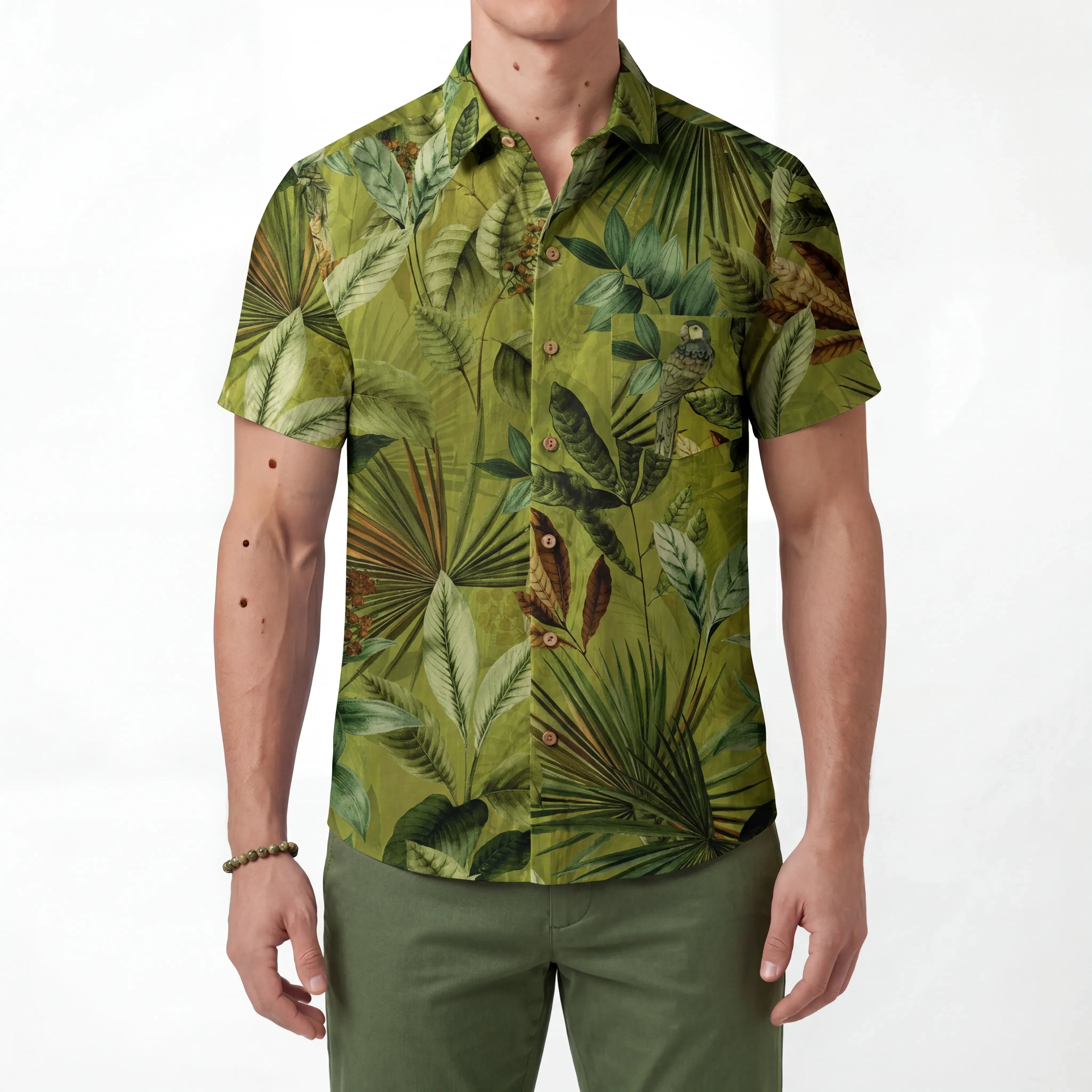 Chemise hawaïenne pour homme LeosWare® à manches courtes, boutonnée, 100 % coton, verte, Aloha, perroquet, paradis de la jungle par Huan huan