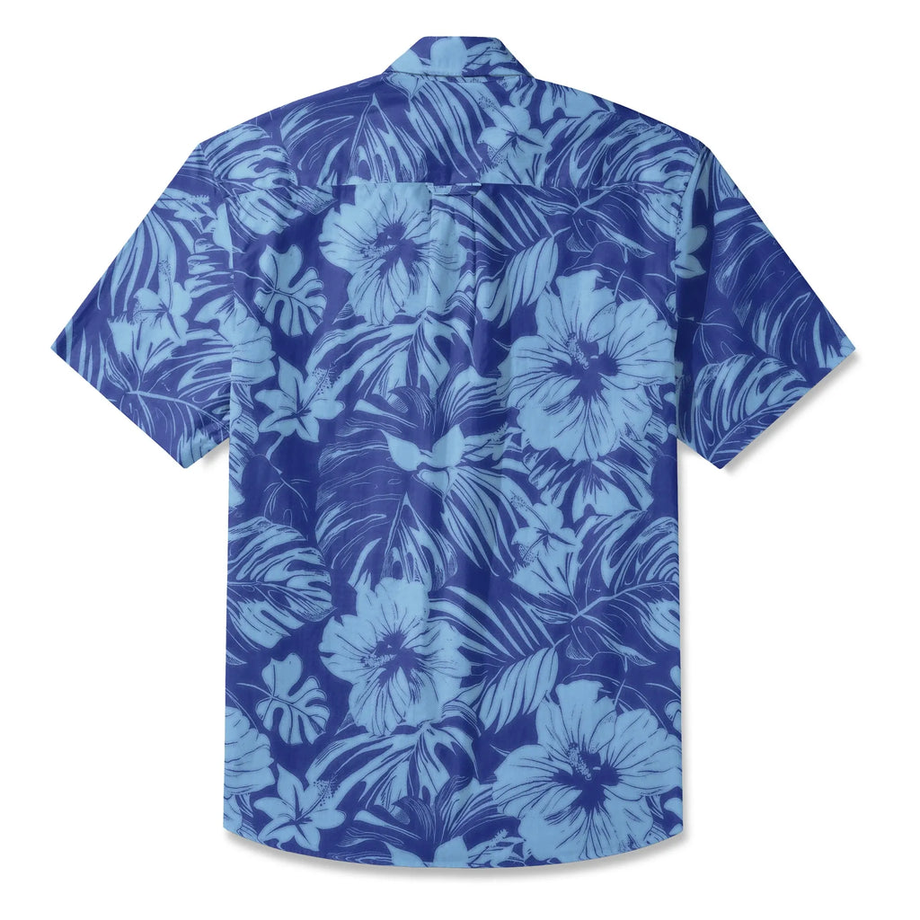 LeosWare® Hibiscus Flower Men's Hawaiian Shirt Short Sleeve Button-up 100% Cotton Blue Aloha Blue Serenity By Ann
