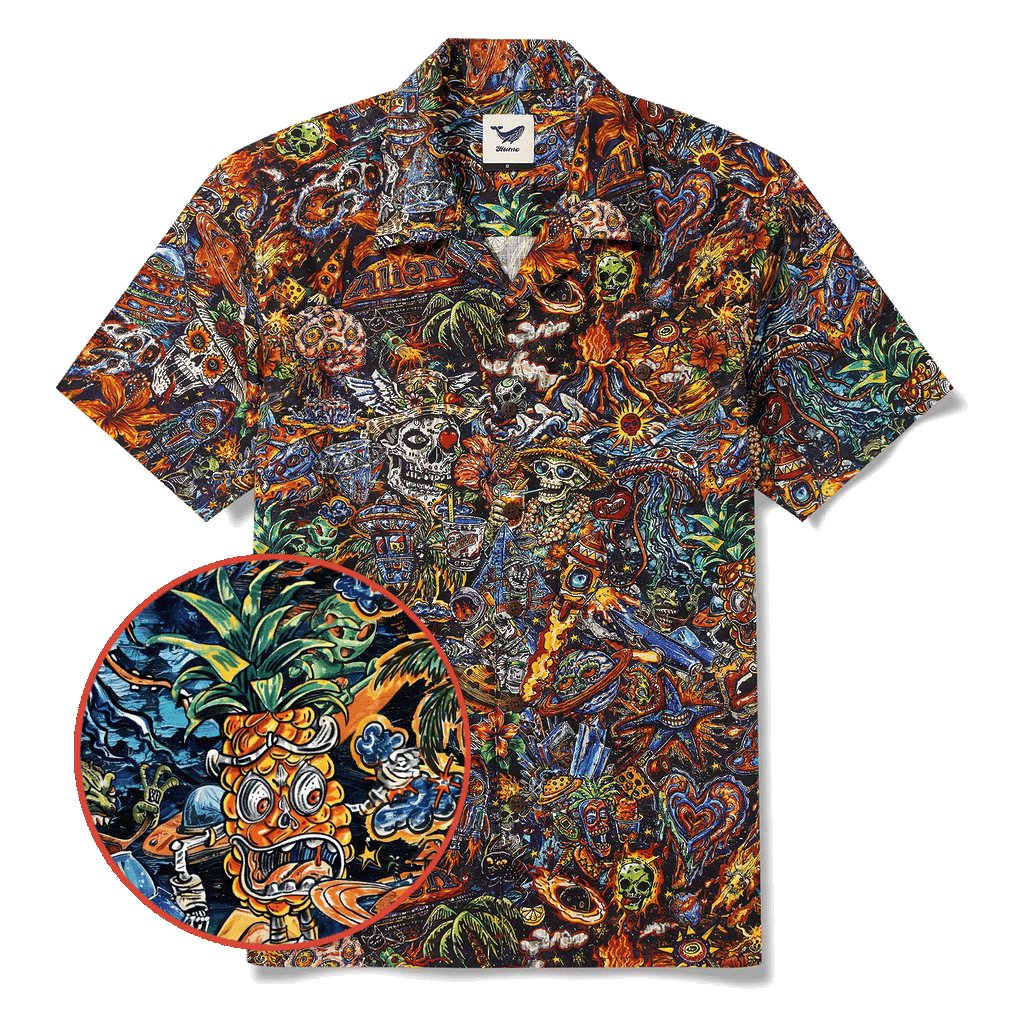 Men's Hawaiian Shirt Short Sleeve Camp Collar 100% Cotton Red Aloha Intergalactic Luau Graffiti By Mo