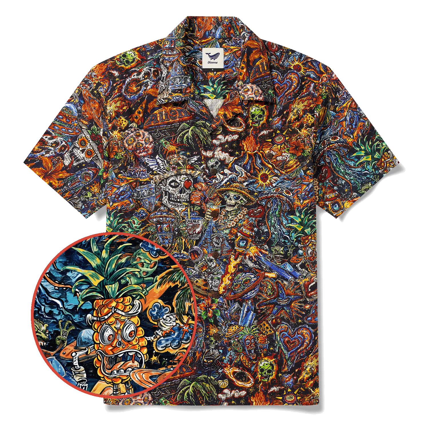 Men's Hawaiian Shirt Short Sleeve Camp Collar 100% Cotton Red Aloha Intergalactic Luau Graffiti By Mo