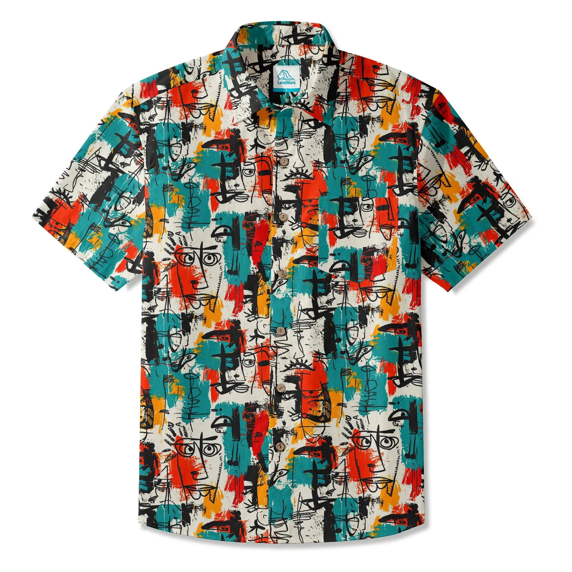 LeosWare® Men's Hawaiian Shirt Short Sleeve Button-up 100% Cotton Aloha Face Doodle By Ann