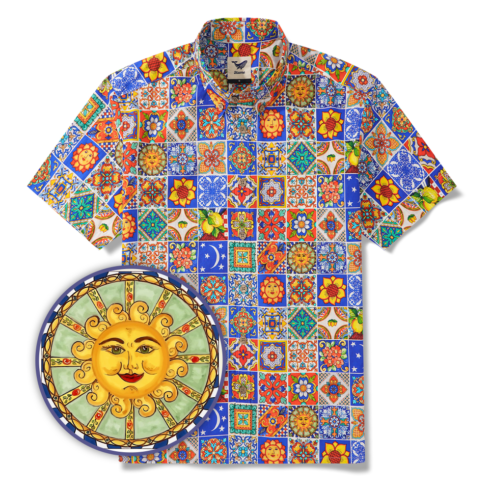 Men's Hawaiian Shirt Short Sleeve Button-down 100% Cotton Aloha Mediterranean Tile Haven By Yana