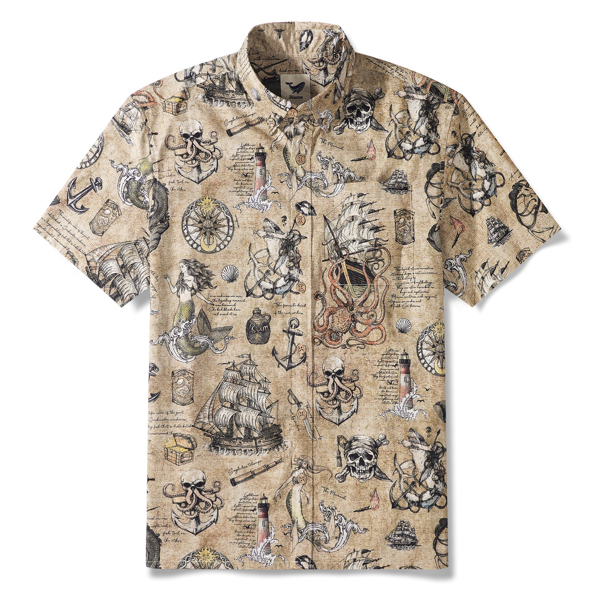 Men's Hawaiian Shirt Short Sleeve Button-down 100% Cotton Beige Aloha Pirate’s Log: The Sea Monster By Yakima