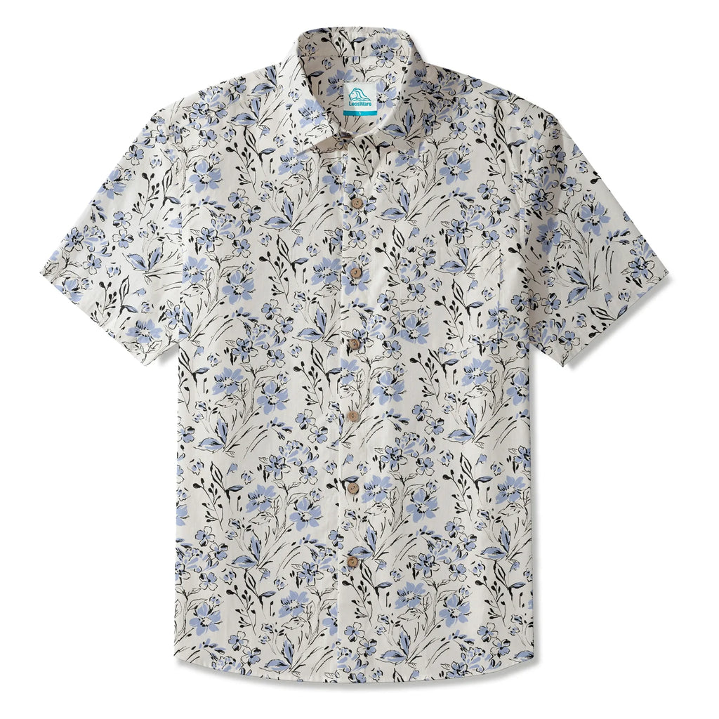 LeosWare® Men's Hawaiian Shirt Short Sleeve Button-up 100% Cotton Blue Aloha Graceful Sky Flowers By Huan huan