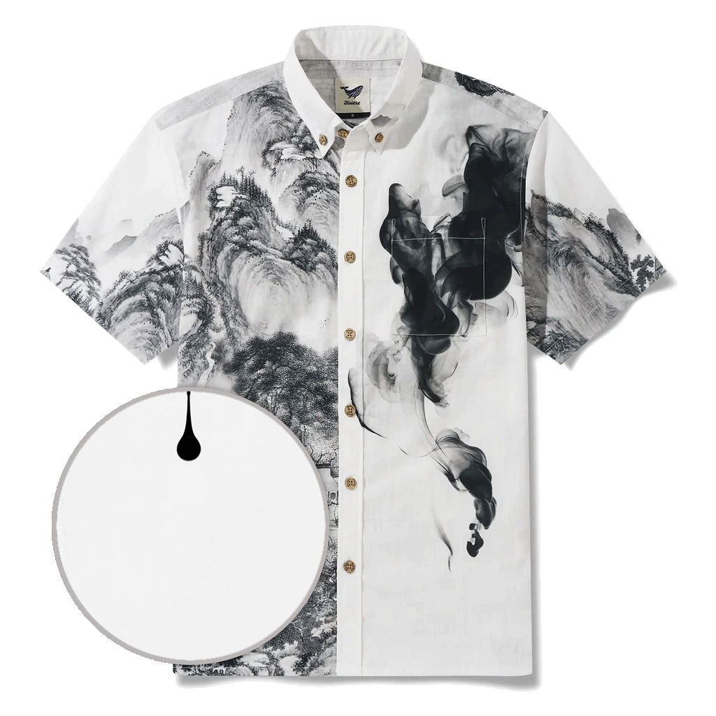 Men's Hawaiian Shirt Short Sleeve Button-down 100% Cotton Black Aloha Oriental Inkscape By DUDU