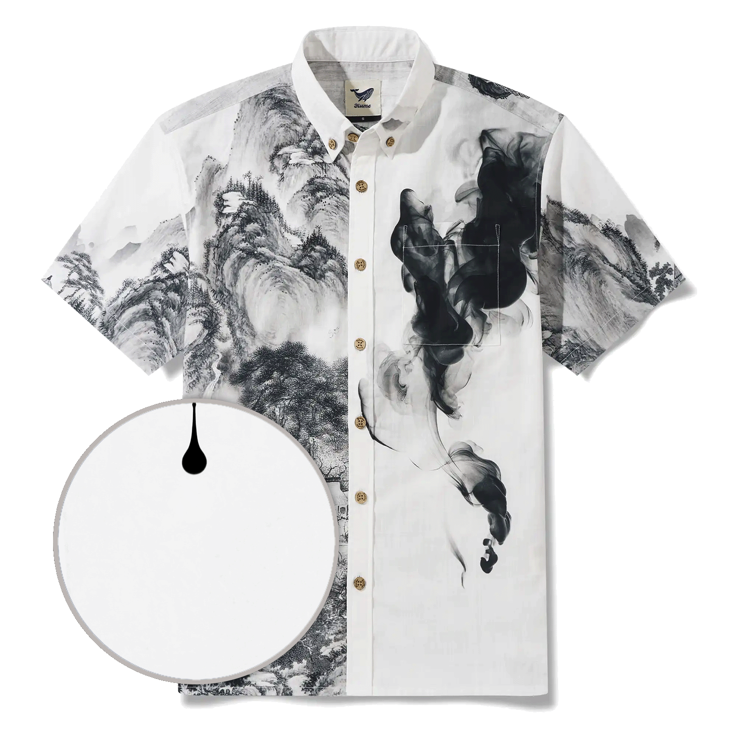 Men's Hawaiian Shirt Short Sleeve Button-down 100% Cotton Black Aloha Oriental Inkscape By DUDU
