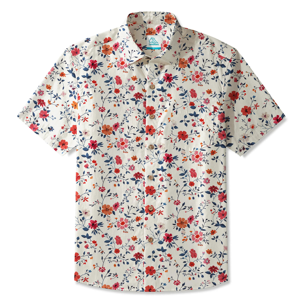LeosWare® Men's Hawaiian Shirt Short Sleeve Button-up 100% Cotton Blue Aloha Joyful Garden By Huan huan
