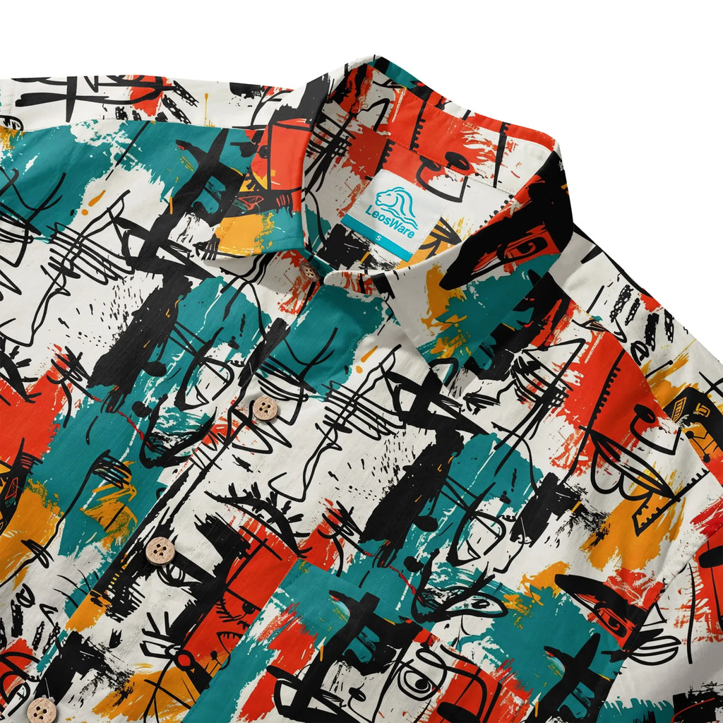 LeosWare® Men's Hawaiian Shirt Short Sleeve Button-up 100% Cotton Aloha Face Doodle By Ann