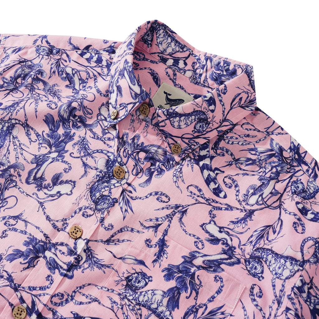 Men's Hawaiian Shirt Short Sleeve Button-down 100% Cotton Aloha Pink Oasis  By Feanne Pink Oasis By Feanne