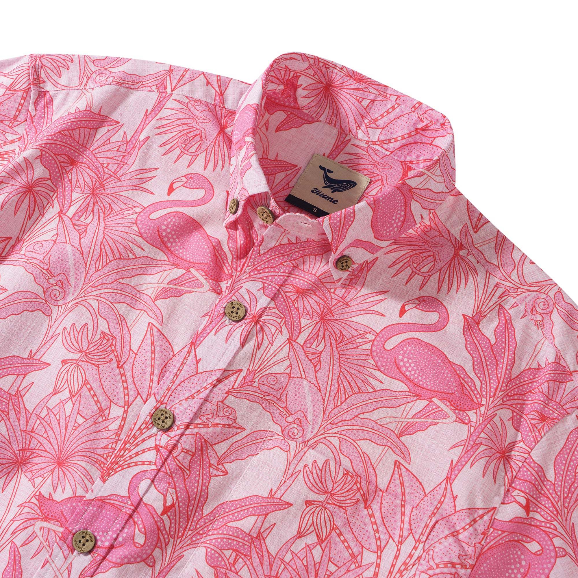 Yiume Men's Pink Hawaiian Shirt Flamingos Shirt 100% Cotton Short Sleeve Button-down Shirt Aloha Flamingos & Chameleons By House of Haricot